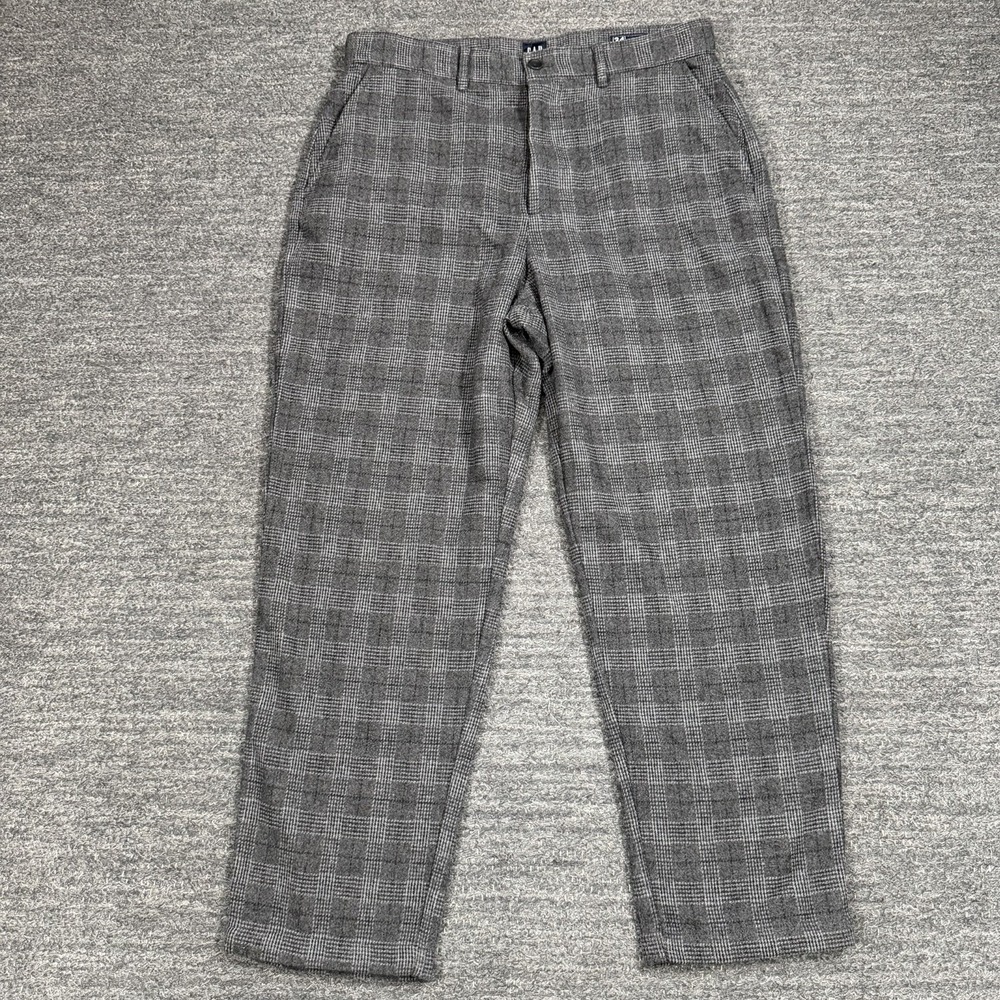 Gap Relaxed Taper Pants Men 34 Gray Plaid Wool Blend Roomy Bloke Business Preppy